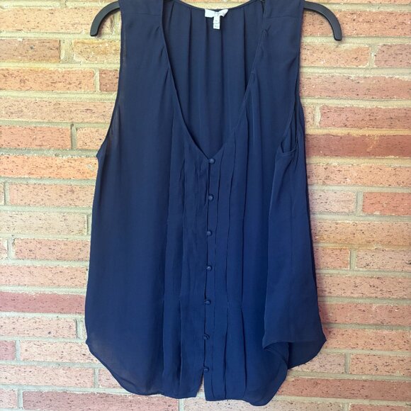 Joie Silk Blouse M Sleeveless Top Navy Blue Pleated Button Down Medium - Picture 1 of 5